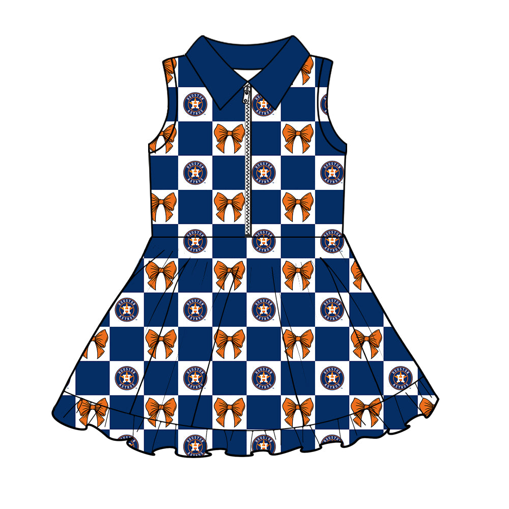 Preorder (moq 5)Baby Girls H Stars Bows Checked Zip Short Team Knee Length Dresses