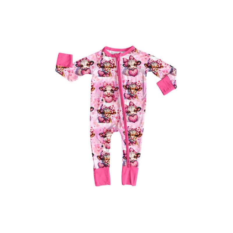 Preorder (moq 5)Baby Girls Pink Hearts Highland Bows Valentine Zipper Footie Rompers
