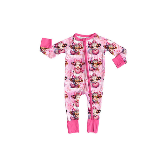 Preorder (moq 5)Baby Girls Pink Hearts Highland Bows Valentine Zipper Footie Rompers