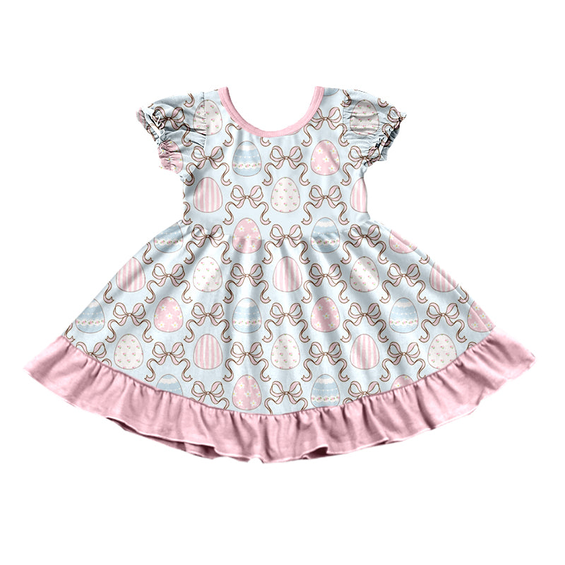 Preorder moq5  Baby Girls’ Light Blue Floral Bow Short-Sleeve Round-Neck Ruffle Dress, Matching Sister Outfit