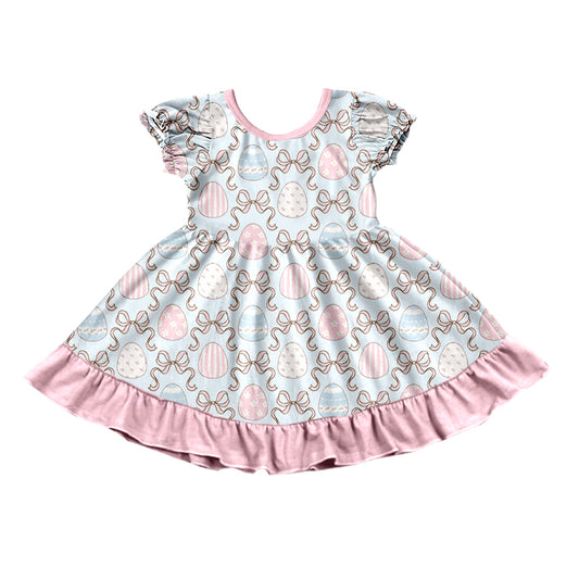 Preorder moq5  Baby Girls’ Light Blue Floral Bow Short-Sleeve Round-Neck Ruffle Dress, Matching Sister Outfit