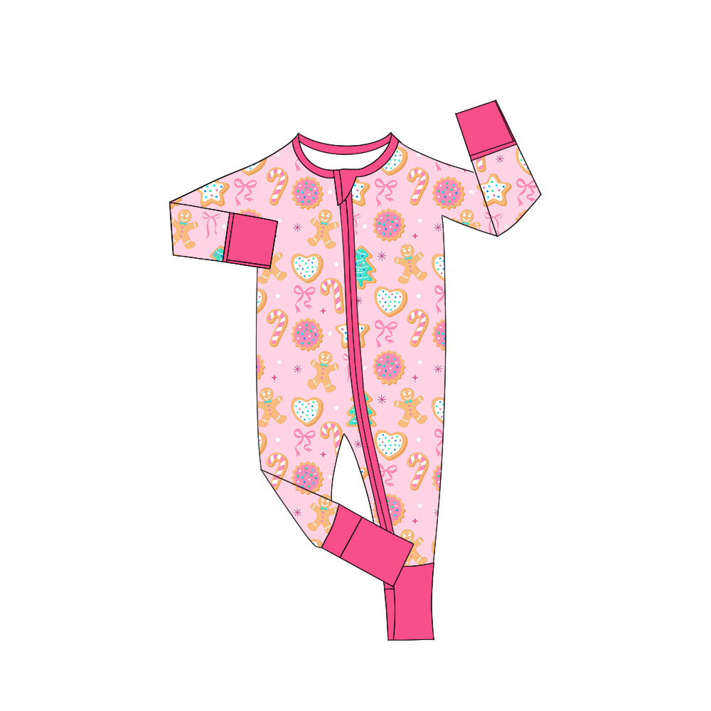 Preorder(moq 5)Baby Girls Christmas Pink Gingerbread Trees Zipper Footie Rompers