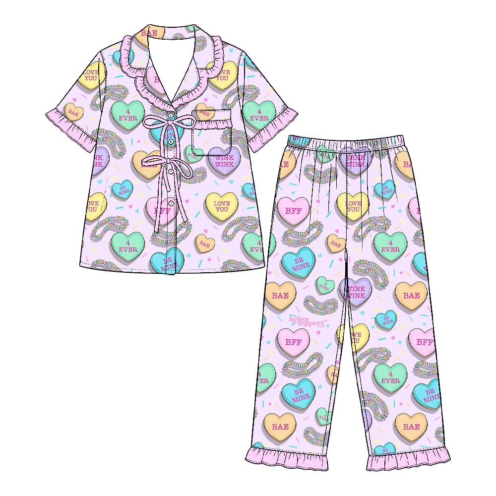 Preorder (moq 5) Baby Girl Clothes Valentines Candy Heart Hair Tie Mixed Print Short Sleeve Ruffle Pajama Set