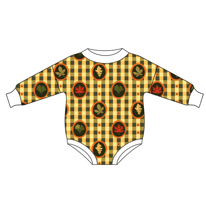 Preorder (moq 5)Baby Girls Long Sleeve Leaves Checked Fall Rompers