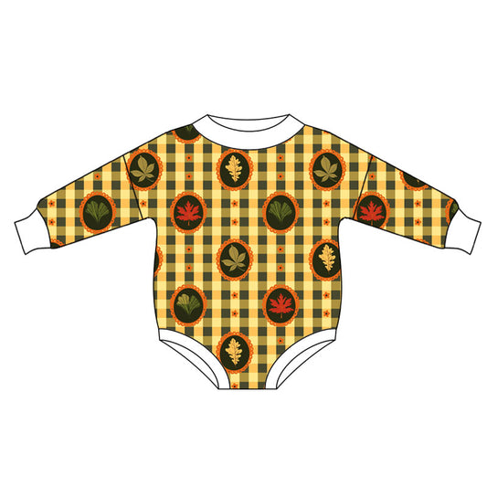 Preorder (moq 5)Baby Girls Long Sleeve Leaves Checked Fall Rompers