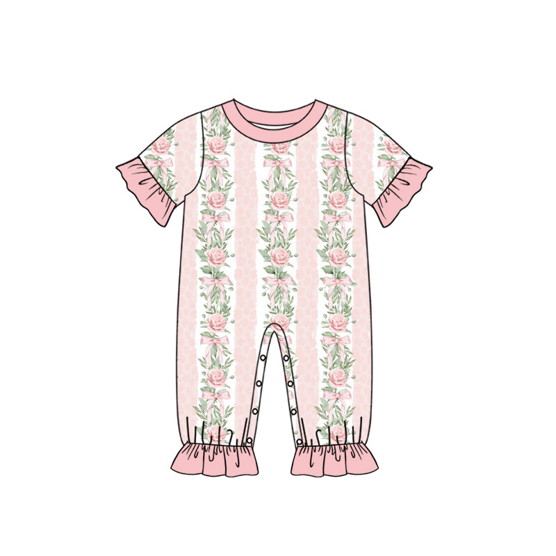 Preorder (moq 5) Baby Girl Clothes Pink Stripe Rose Floral Mixed Print Short Sleeve Ruffle Romper