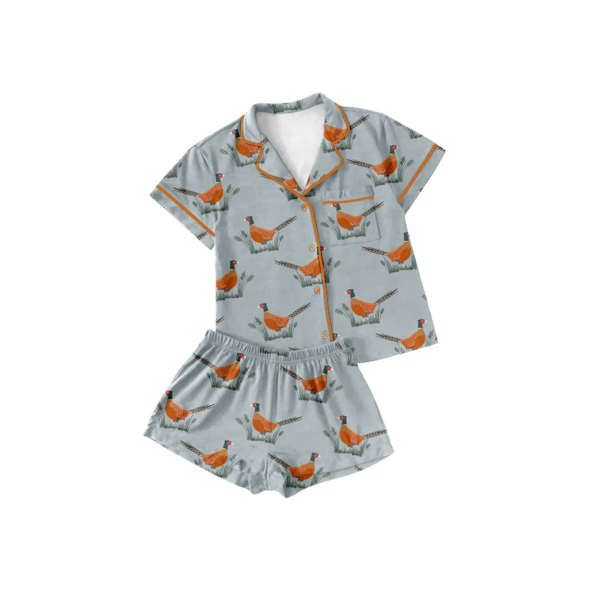 Preorder (moq 5)Baby Girls Wild Chicken Lapel Button Shirt Top Shorts Pajamas Outfits