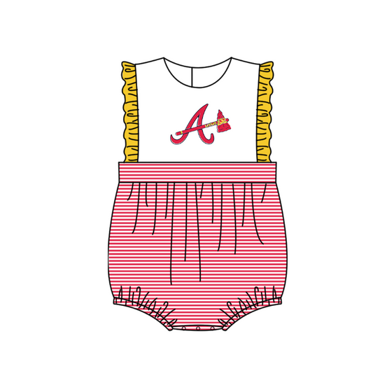 Preorder (moq 5)Baby Girls Sleeveless Atlanta Braves Stripe Team Ruffle Rompers