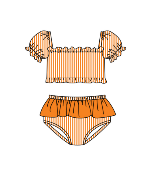 Preorder moq 5 Baby Girls Orange Stripe Vest Top Bummies Short Team Swimsuits