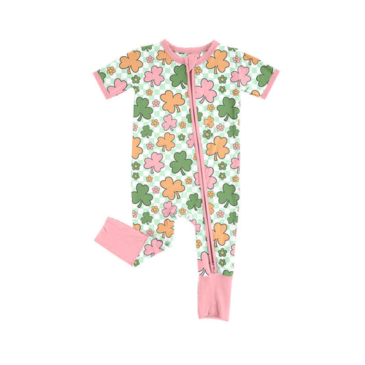 Preorder (moq 5)Baby Girls Clovers Flowers Checked St Patrick Zipper Footie Rompers