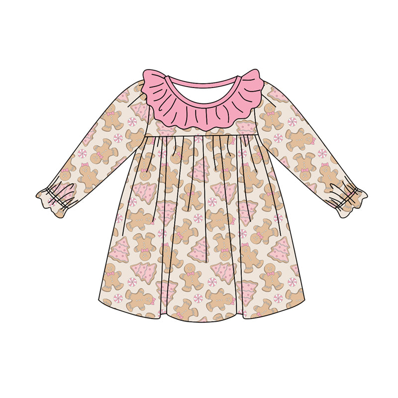 Preorder (moq 5)Baby Girls Long Sleeves Pink Gingerbread Trees Plaid Knee Length Dresses