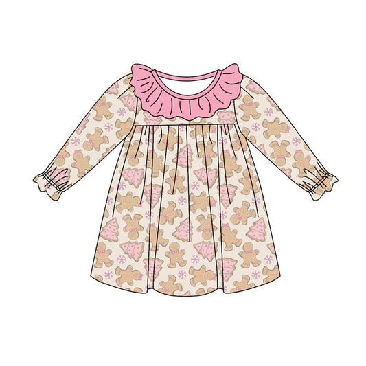 Preorder (moq 5)Baby Girls Long Sleeves Pink Gingerbread Trees Plaid Knee Length Dresses