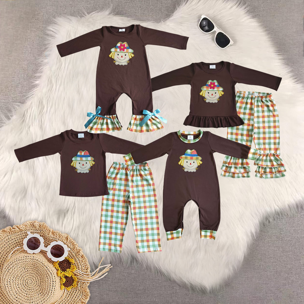 Sibling Baby Kids Scarecrow Fall Pants Clothes Sets Rompers