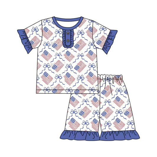 Preorder (moq 5)Baby Girls Bows Flags Checked Button Top Ruffle Shorts 4th of July Clothes Sets