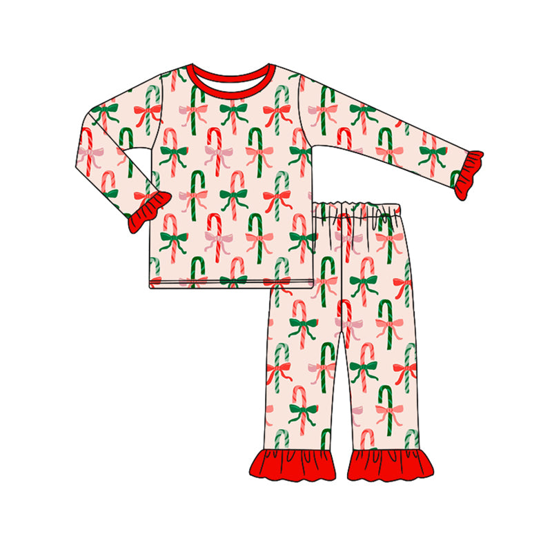 Preorder (moq 5)Baby Girls Long Ruffle Sleeves Red Bows Candy Cane Top Pant Pajamas Set