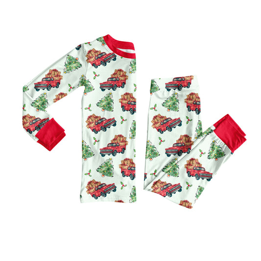 Preorder (moq 20)Baby Boys Bamboo Trees Trucks Holly Christmas Pajamas Sets