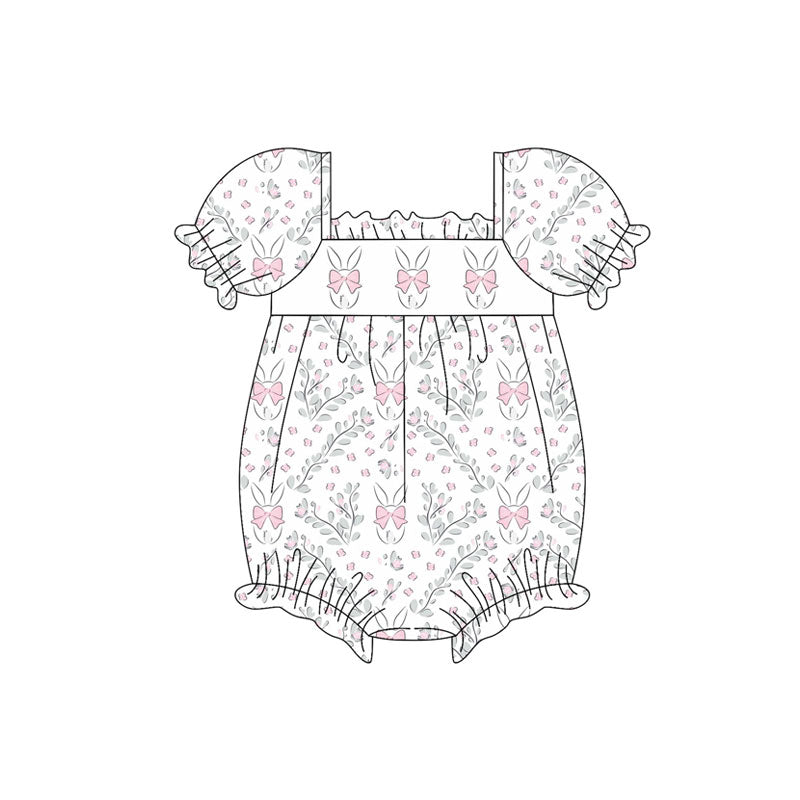 Preorder (moq 5)Baby Girls Pink Flowers Rabbits Easter Ruffle Footie Rompers