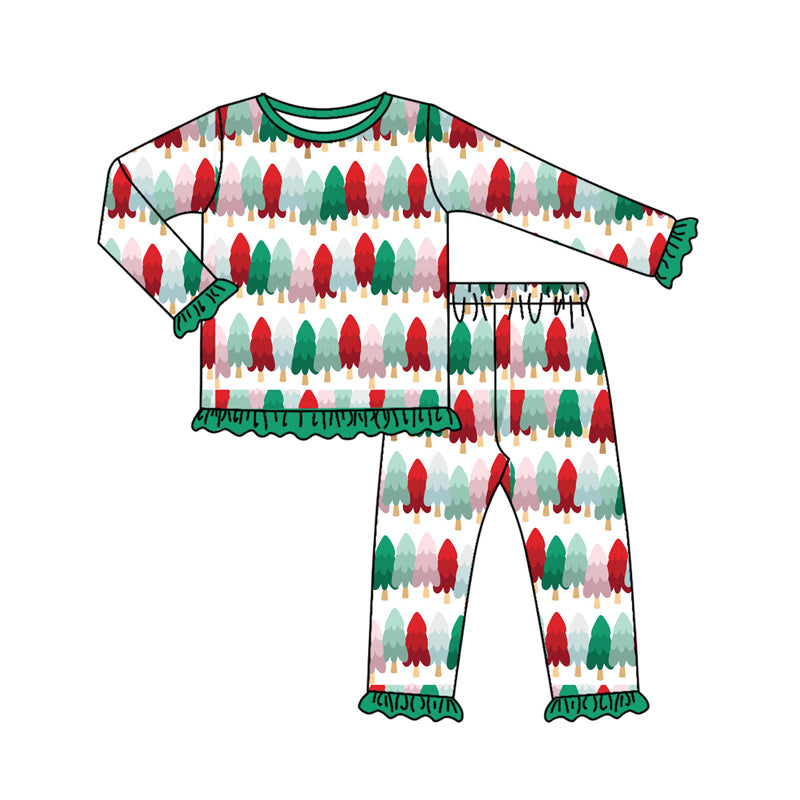 Preorder (moq 5)Baby Girls Colorful Christmas Trees Top Ruffle Pants Pajamas Set