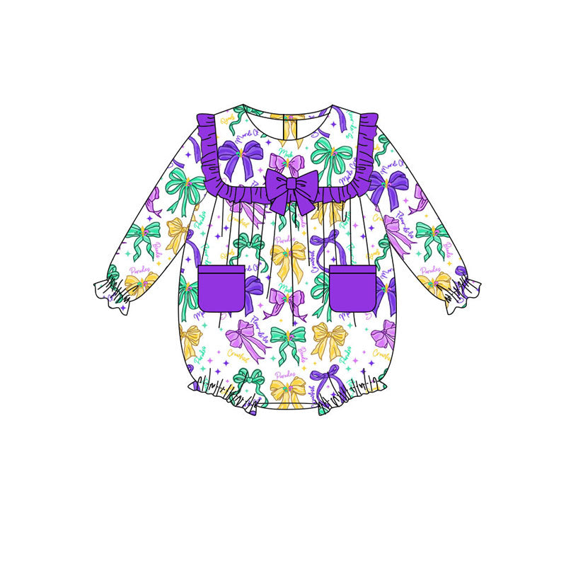 Preorder(moq 8)Baby Girls Mardigras Bows Stars Pockets Ruffle Rompers