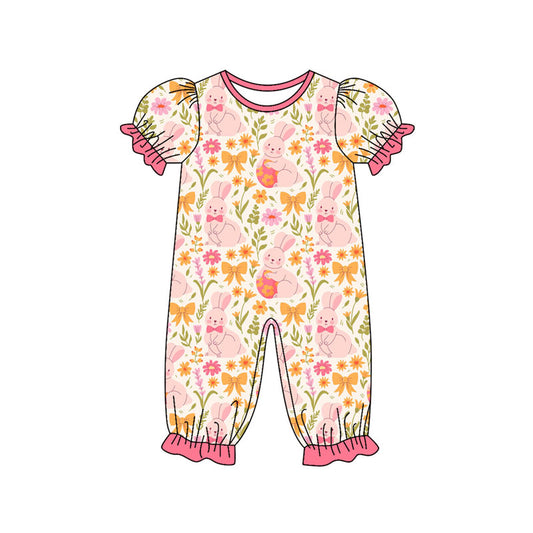 Preorder (moq 8)Baby Girls Rabbits Flowers Bows Easter Ruffle Footie Rompers