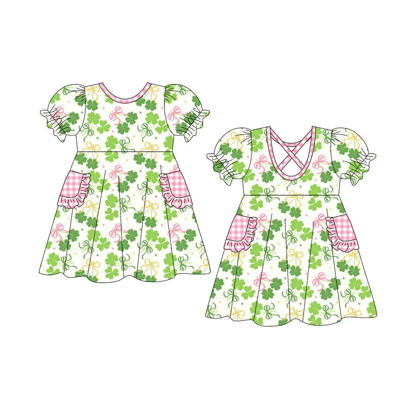 Preorder(moq 5) Baby Girls Short Ruffle Sleeve Bows Clovers Pockets St Patrick Knee Length Dress