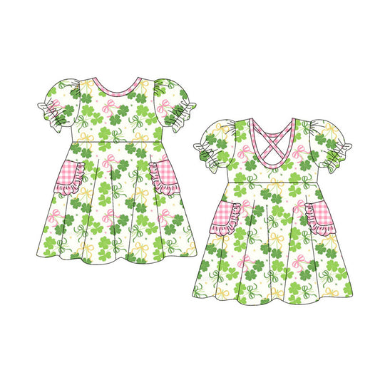 Preorder(moq 5) Baby Girls Short Ruffle Sleeve Bows Clovers Pockets St Patrick Knee Length Dress