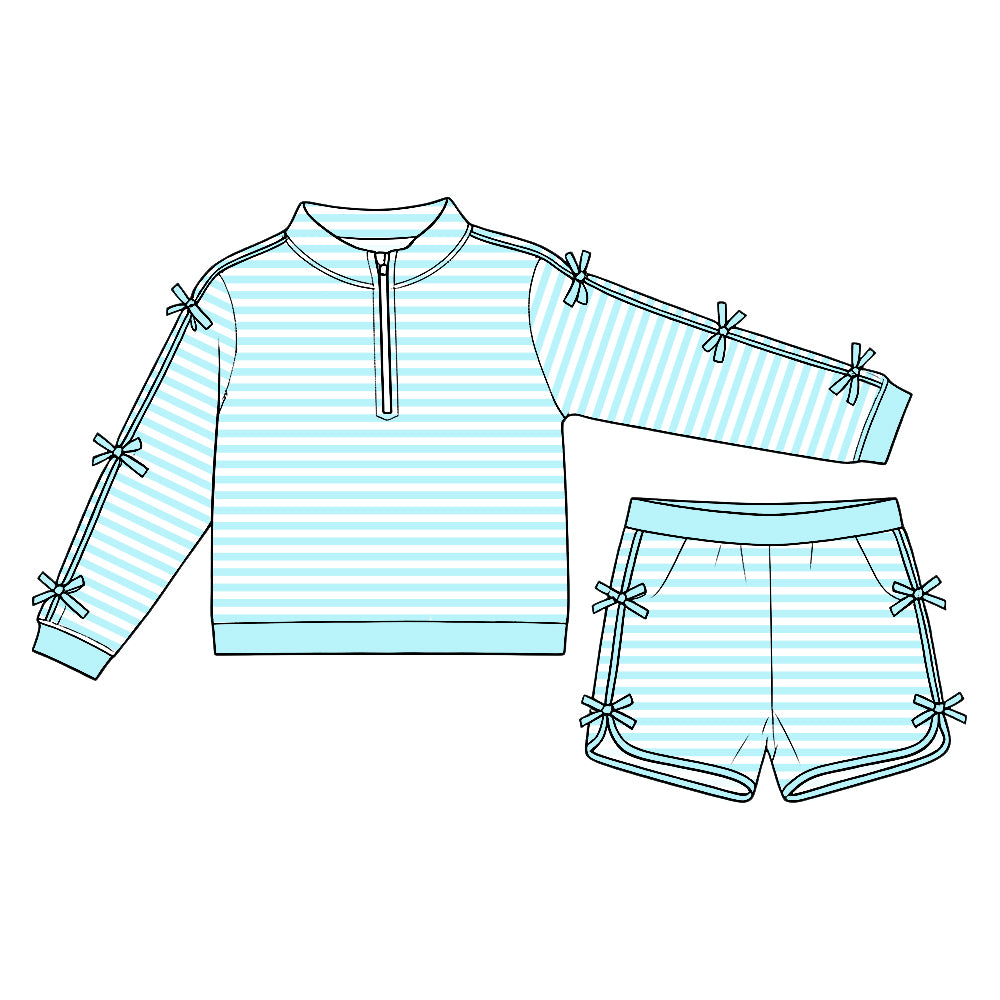 Preorder (moq5) Baby Girls Blue Stripe Bows Zip Pullover Pockets Short Clothes Set