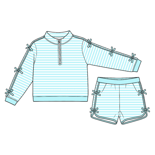 Preorder (moq5) Baby Girls Blue Stripe Bows Zip Pullover Pockets Short Clothes Set