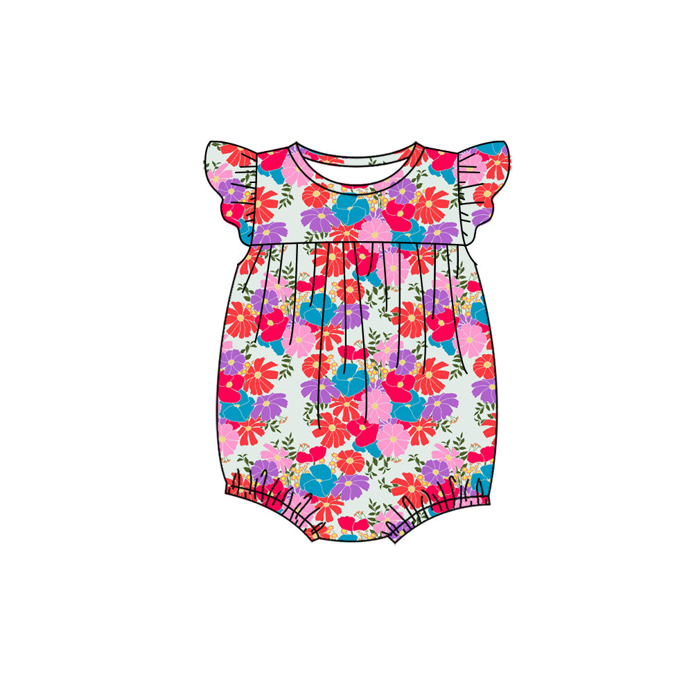 Preorder (moq 5)Baby Girls Flutter Sleeve Colorful Flowers Ruffle Rompers