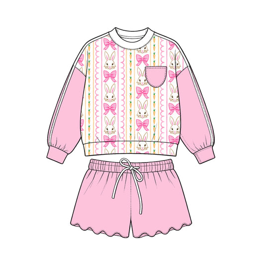 Preorder (moq 5) Girls’ All-Over Bow & Bunny Print Cropped Sweatshirt & Wavy Ruffle Shorts 2-Piece Sweet Pink Set