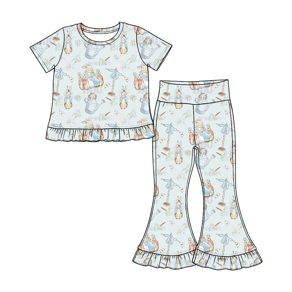 Preorder(moq 5) Girls Ruffle Short Sleeve Top & Ruffle Flare Pants Set Kids Two‑Piece Casual Outfit Set