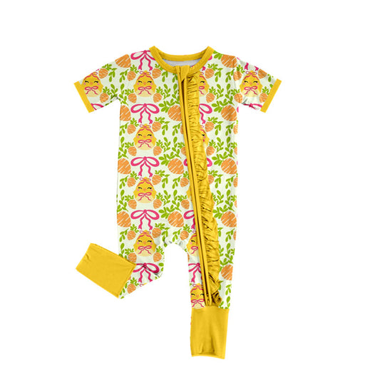 Preorder (moq 5) Baby Girl Clothes Easter Chick Carrot Bow Print Short Sleeve Ruffle Zip Romper Jumpsuit