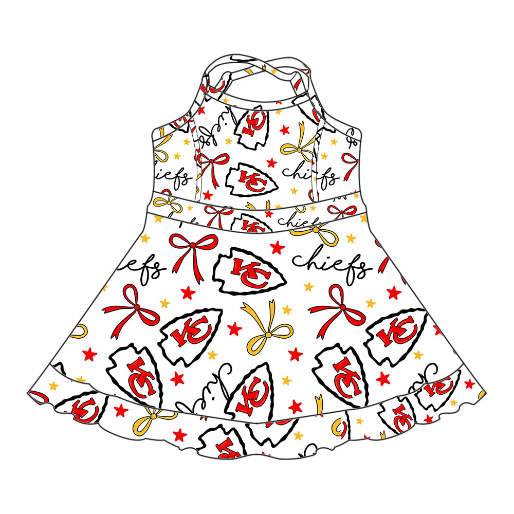 Preorder (moq 5)Baby Girls Strap Red KC Bows Stars Ruffle Shorts Team Knee Length Dresses