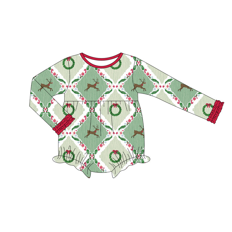 Preorder (moq 5)Baby Girls Green Long Ruffle Sleeves Deer Holly Plaid Bummies Rompers