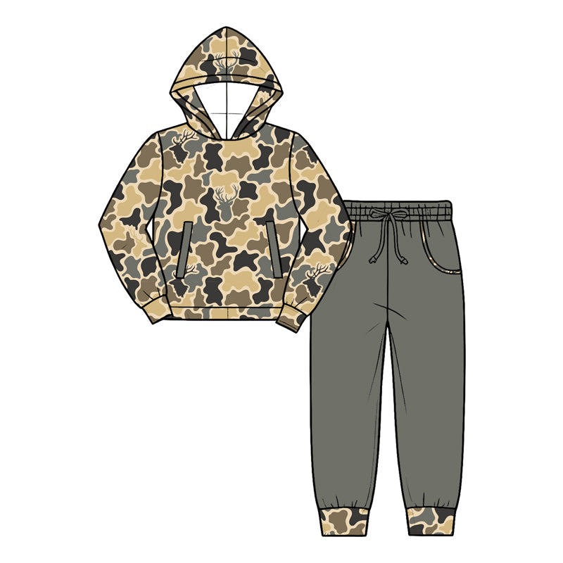 Preorder (moq 5) Baby Boy Clothes Earth Tone Camo Deer Head Silhouette Print Hoodie Solid Jogger Pants Set