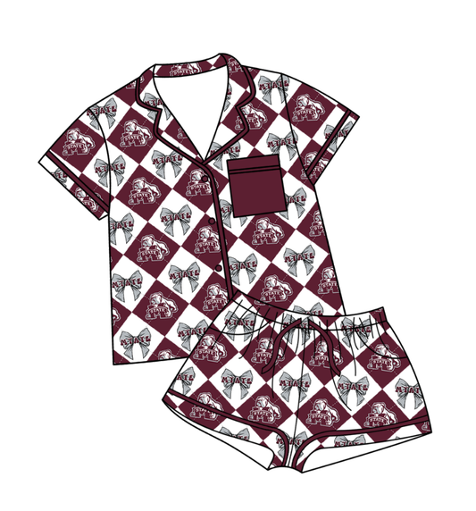 Preorder moq 5 Baby Girls M State Bows Button Pocket Top Shorts Team Pajamas Set