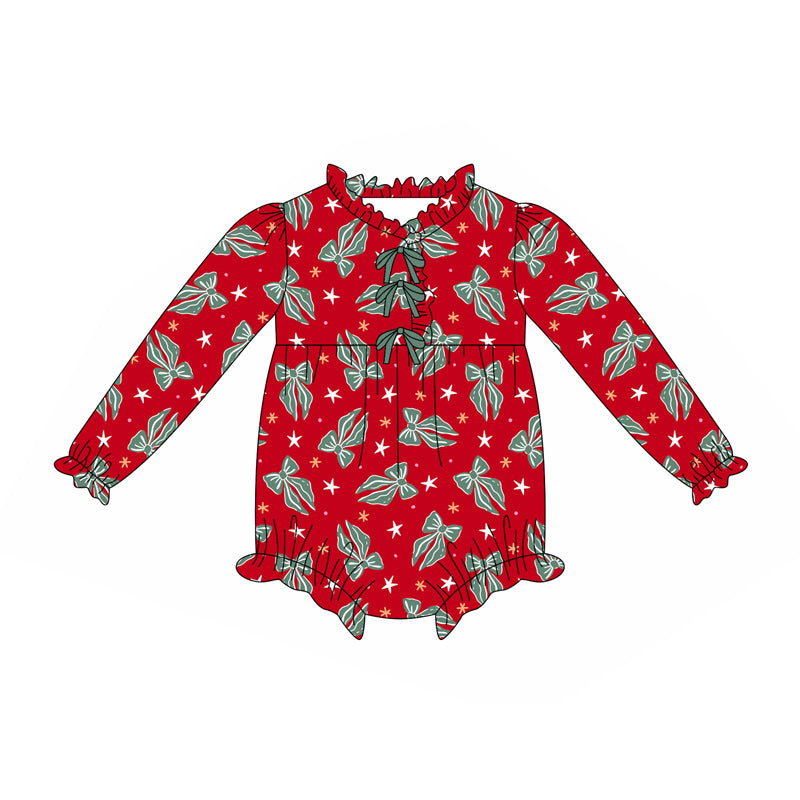 Preorder(moq 5)Baby Infant Girls Green Bows Stars Plaid Ruffle Christmas Rompers