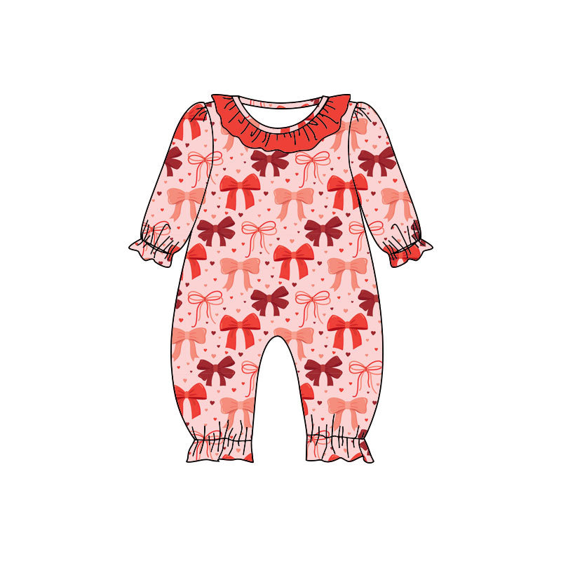 Preorder (moq 5)Baby Girls Bows Hearts Valentine Ruffle Footie Rompers