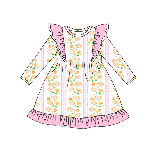 Preorder (moq 5)Baby Girls Pink Long Sleeves Pumpkins Stripe Knee Length Dresses