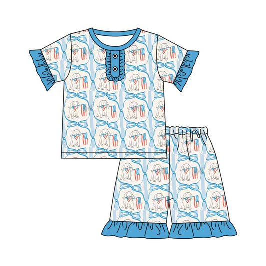 Preorder (moq 5)Baby Girls Bows Dogs Flags Checked Button Top Ruffle Shorts 4th of July Clothes Sets