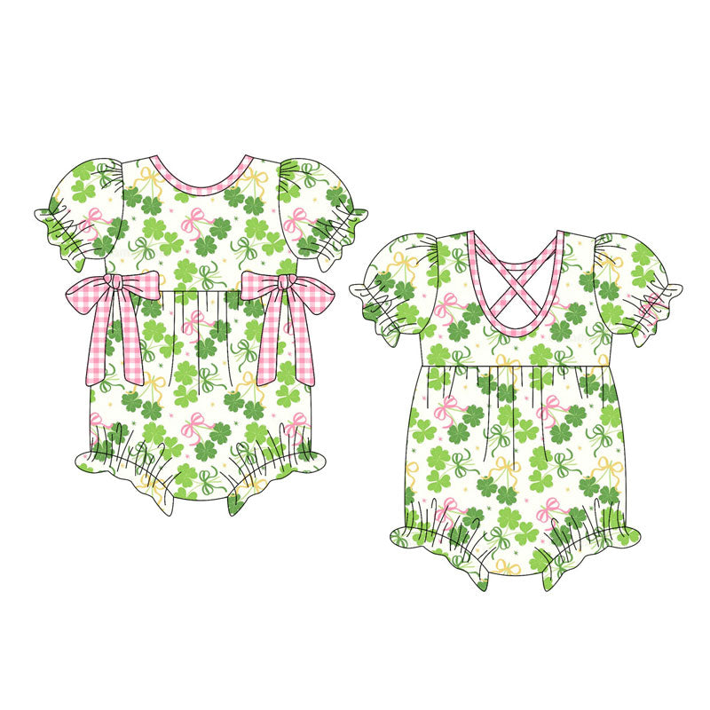 Preorder (moq 5)Baby Girls Short Ruffle Sleeve Bows Clovers St Patrick Rompers