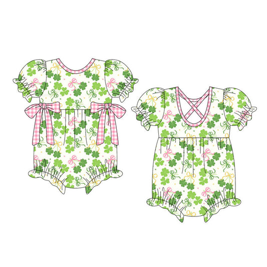 Preorder (moq 5)Baby Girls Short Ruffle Sleeve Bows Clovers St Patrick Rompers