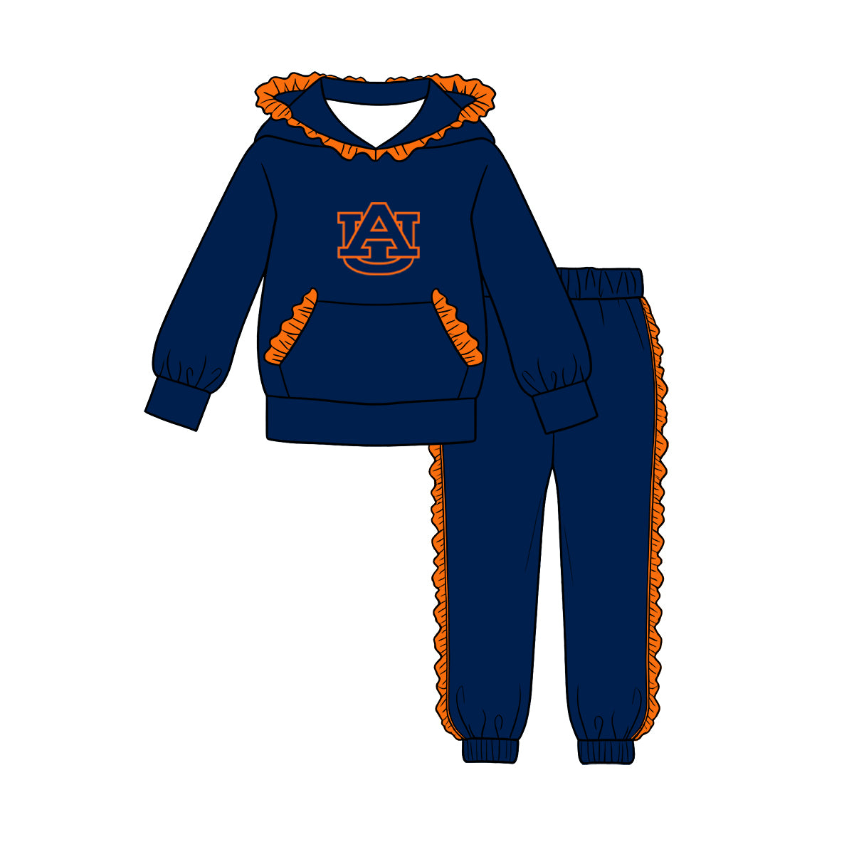 Preorder (moq 5) Baby Girls’ Dark Blue Team Pocket Hoodie & Ruffle Joggers Set