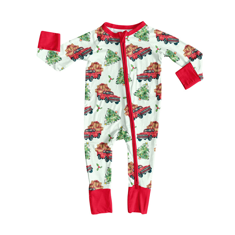 Preorder (moq 20)Baby Boys Bamboo Christmas Trees Trucks Holly Zippy Footie Rompers