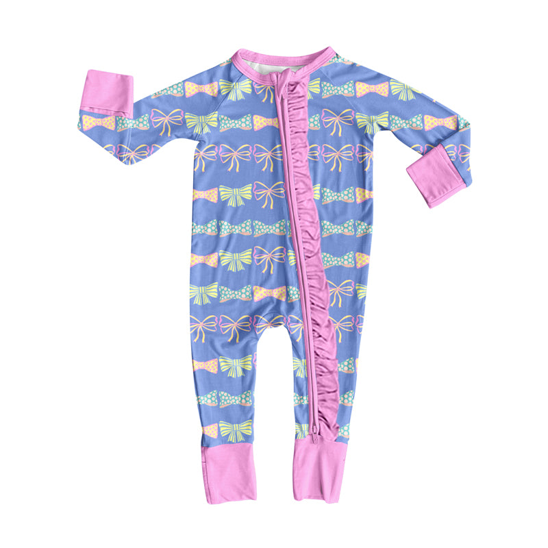 Preorder(moq 5)Baby Girls Pink Colorful Bows Zipper Footie Rompers