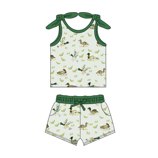 Preorder (moq 5)Baby Girls Green Mallard Ducks Summer Shirt Top Shorts Clothes Sets