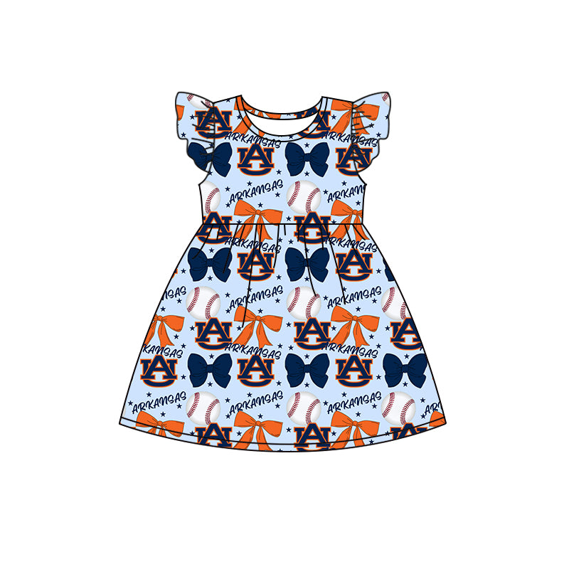 Preorder (moq 5)Baby Girls Flutter Sleeves Baseballs Bows AU Team Knee Length Dresses