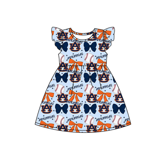 Preorder (moq 5)Baby Girls Flutter Sleeves Baseballs Bows AU Team Knee Length Dresses