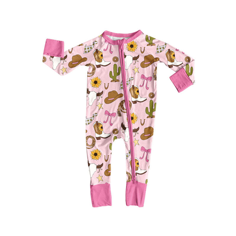 Preorder (moq 5)Baby Girls Pink Cactus Hats Bull Skulls Western Zipper Footie Rompers