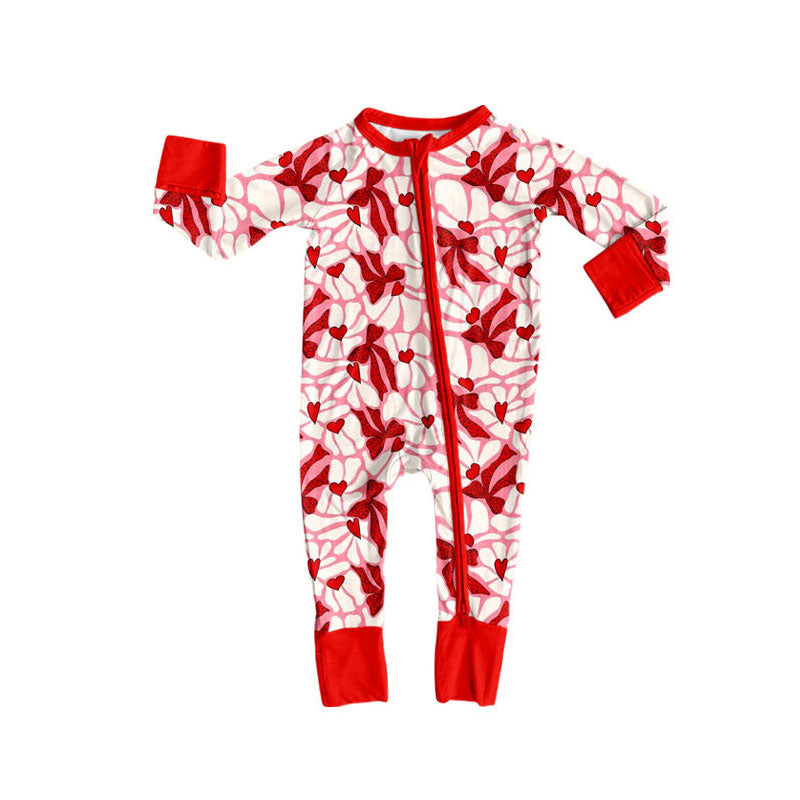 Preorder (moq 8)Baby Girls Long Sleeve Red Bows Hearts Valentine Zipper Footie Rompers
